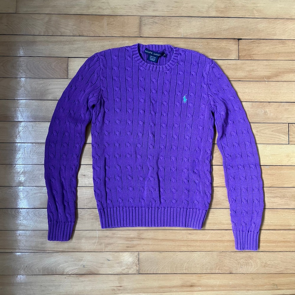 Ralph Lauren Purple Cable Knit Cotton Crew Neck Sweater Pony Logo Womens Small